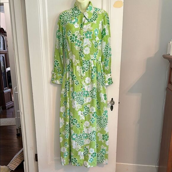 Vtg 60s Serbin of Florida Flower Power Green & White Button Front Maxi Dress - Picture 1 of 8